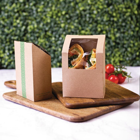 Vegware Kombostierbare Wrap-Boxen braun mit PLA-Sichtfenster Vegware Kombostierbare Wrap-Boxen braun mit PLA-Sichtfenster
